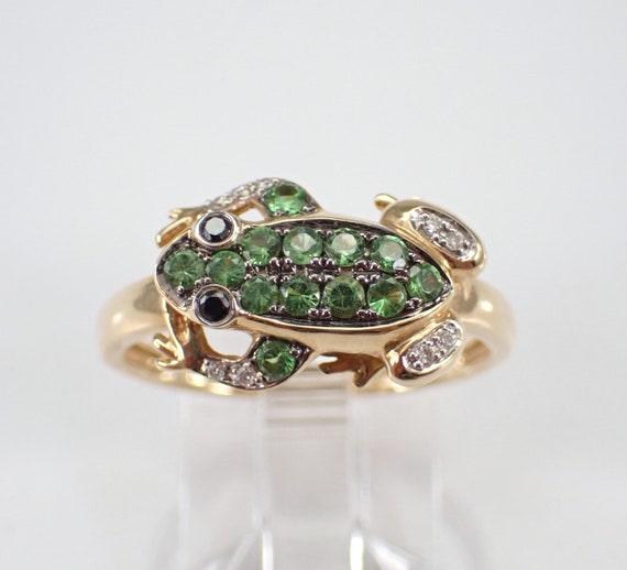 14K Yellow Gold Frog Ring - Green Tsavorite Garnet and Diamond Band - Unique Cluster Toad Amphibian