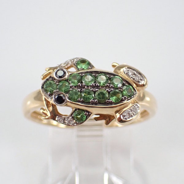 14K Yellow Gold Frog Ring - Green Tsavorite Garnet and Diamond Band - Unique Cluster Toad Amphibian