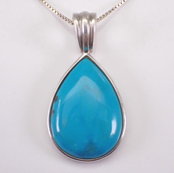 Sterling Silver Turquoise Enhancer Pendant and Chain - Vintage Teardrop Charm Choker Necklace