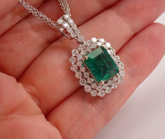 Genuine Emerald Necklace - Natural Diamond Halo Pendant - Solid White Gold Double Strand Chain - May Gemstone Gift