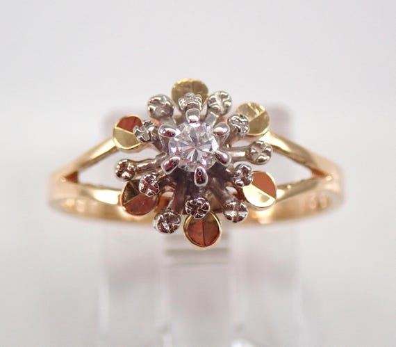 Vintage 18K Yellow Gold Diamond Ring - Dainty Little Engagement Promise Gift - Antique Flower Band