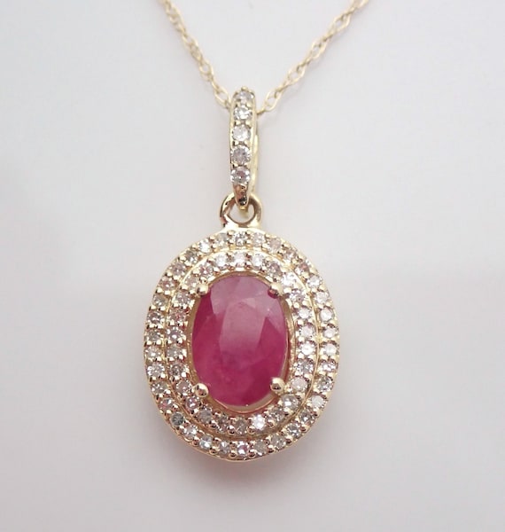 Yellow Gold Ruby and Diamond Necklace - Oval Halo Gemstone Charm Pendant - July Birthstone Jewelry Gift