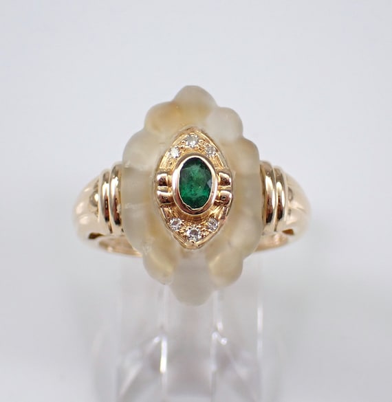 Vintage Emerald and Frosted Quartz Ring, Unique Diamond Halo Setting, 14K Yellow Gold GalaxyGems Fine Jewelry