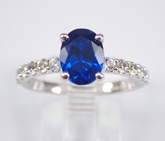 14K White Gold Sapphire and Diamond Engagement Ring, Oval Chatham Blue Sapphire Bridal Jewelry