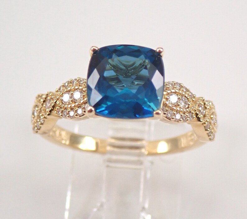 Cushion Cut London Blue Topaz and Diamond Engagement Ring 14K | Etsy