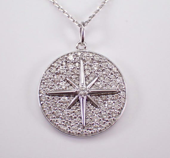 14K White Gold Diamond Star Necklace - Celestial Charm Pendant and Chain - Large Compass Rose Atlas Symbol