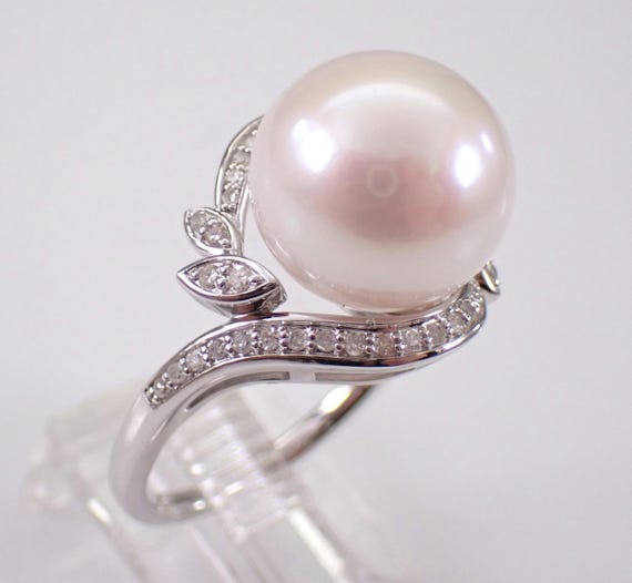 14K White Gold Pearl Engagement Ring, Bridal Diamond Halo Setting, June Birthstone Gemstone Jewelry Gift