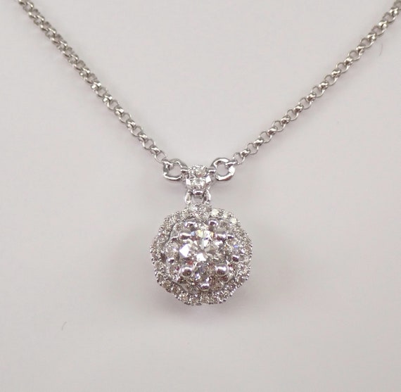 14K White Gold Diamond Station Necklace, Flower Halo Solitaire Pendant and Chain, Unique Bridal Jewelry Gift