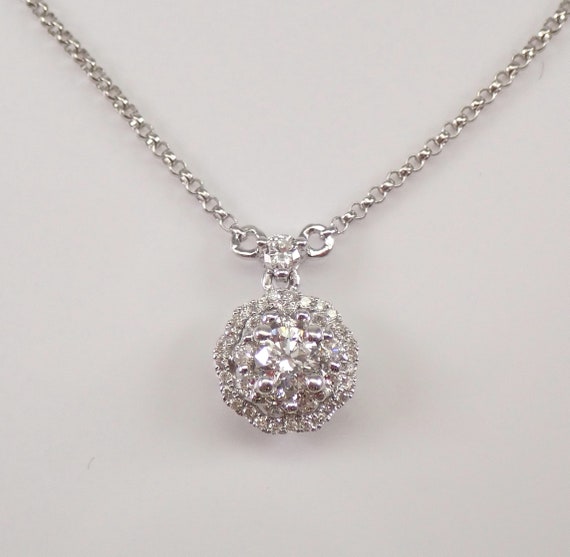 14K White Gold Diamond Station Necklace, Genuine Halo Solitaire Pendant and Chain, Flower Cluster Jewelry Gift