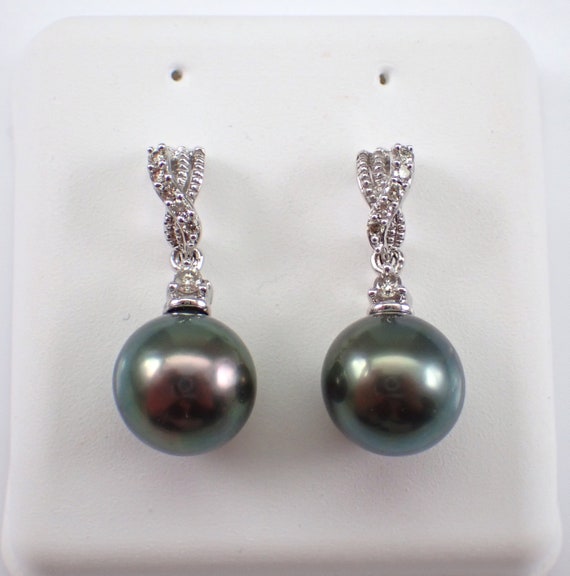 Black Tahitian Pearl Earrings - Diamond Dangle Setting - White Gold Fine Jewelry Gift - June Birthstone Gem Stone