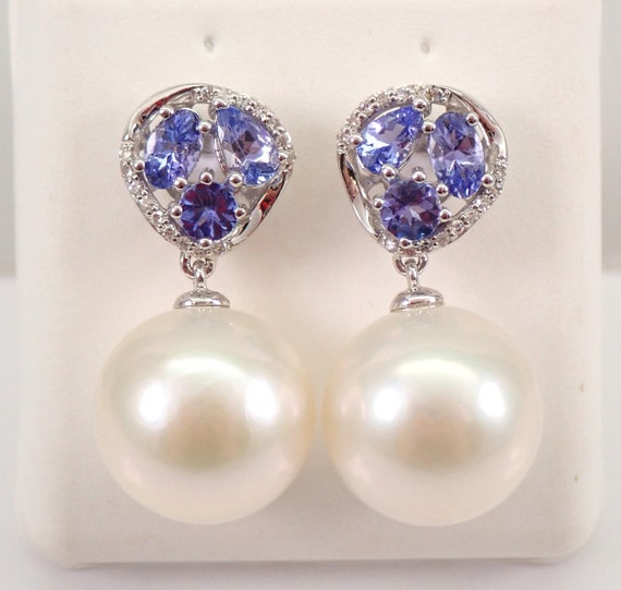 South Sea Pearl and Tanzanite Earrings - 14k White Gold Diamond Dangle Setting - Unique Bridal Jewelry Gift