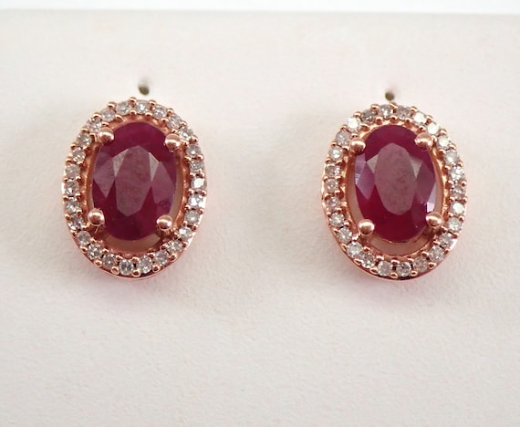 Genuine Ruby and Diamond Stud Earrings, Solid Rose Gold Setting, July Birthstone Gift for Her