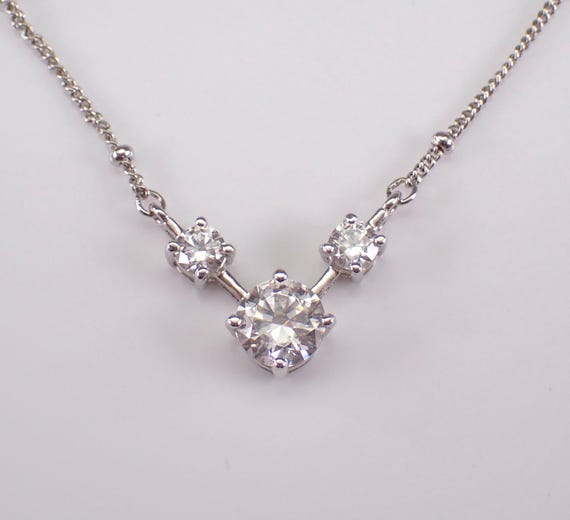 Sterling Silver Cubic Zirconia Station Necklace, Three Stone CZ Charm Pendant and Choker Chain