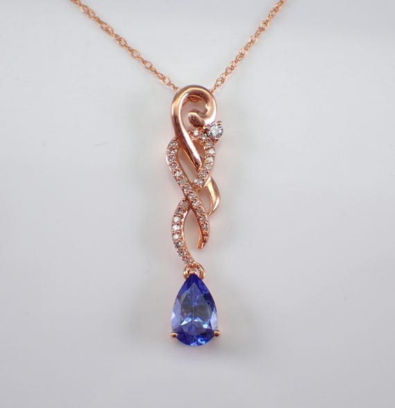 Tanzanite and Diamond Pendant - Rose Gold Teardrop Necklace and Chain - Purple Gemstone Fine Jewelry Gift