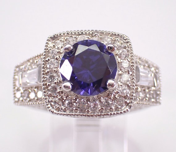 Sterling Silver Sapphire Engagement Ring - Cubic Zirconia Halo Anniversary Band - Unique Estate Gemstone Jewelry Gift