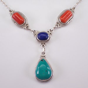 Vintage Turquoise Coral and Lapis Necklace -  Unique Sterling Silver Pendant Choker, Estate Teardrop Gemstone Lariat Jewelry Gift