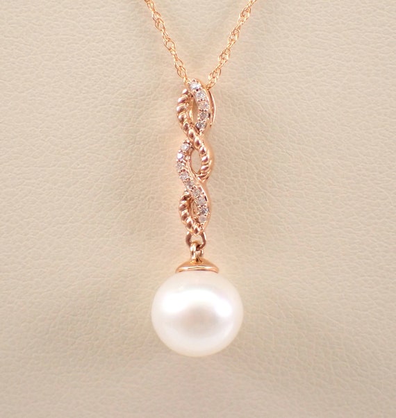 Pearl and Diamond Dangle Pendant and Chain - 14K Rose Gold Charm Necklace - Dainty June Birthstone Fine Jewelry Gift