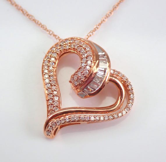 Diamond Heart Pendant and Chain - Solid Rose Gold Open Heart Necklace - Unique Dainty Choker Charm
