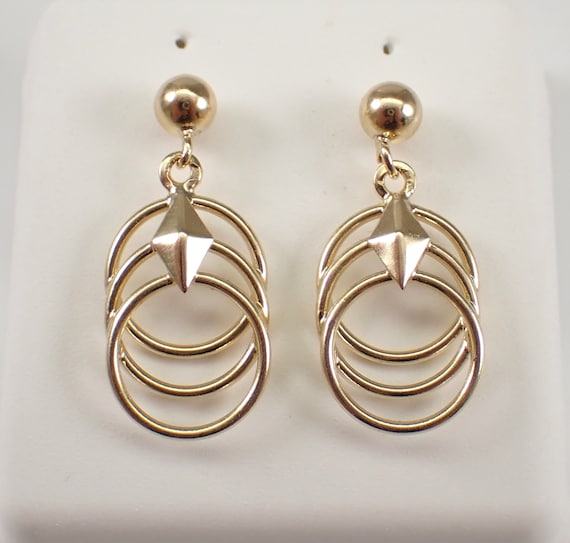 Vintage 14K Yellow Gold Earrings, Unique Ball Dangles, Interlocking Circles