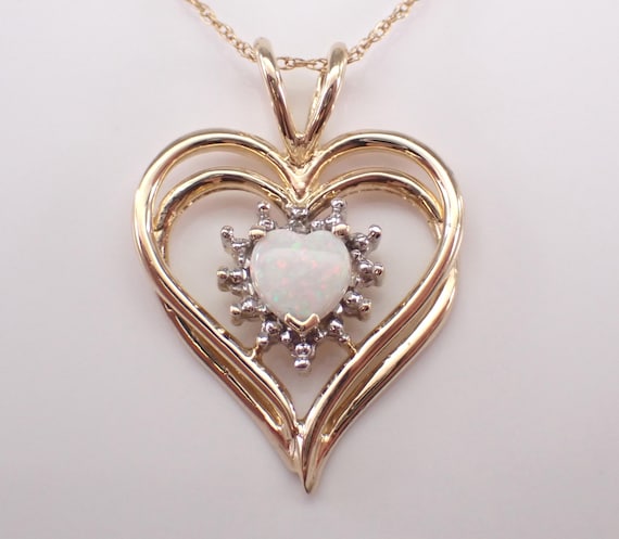 Yellow Gold Opal and Diamond Heart Pendant: Estate Gemstone Charm Necklace Choker Chain
