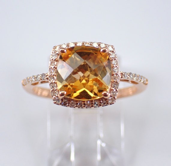 Cushion Cut Citrine Engagement Ring - 14k Rose Gold Diamond Halo Setting - November Birthstone Gemstone Jewelry