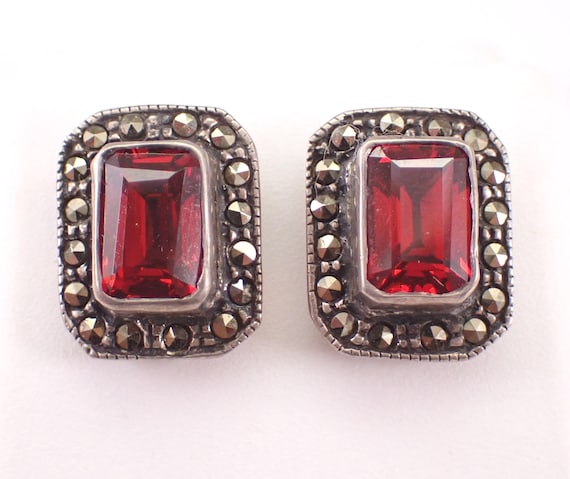 Vintage Sterling Silver Garnet Stud Earrings: Dainty Estate Marcasite Halo Cluster Drops Jewelry Gift