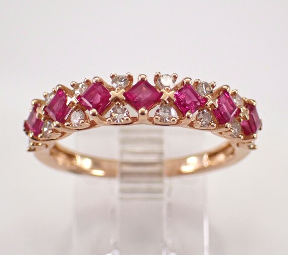 Ruby and Diamond Wedding Ring - 14k Rose Gold Gemstone Princess Cut Band - Anniversary Birthstone Jewelry Gift