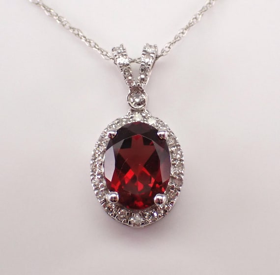 14K White Gold Garnet Necklace - Dainty Diamond Halo Pendant and Chain - January Birthstone Jewelry Gift