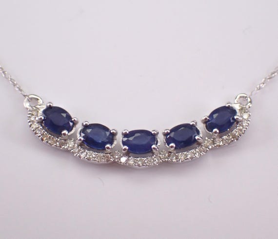 14K White Gold Sapphire Curved Bar Necklace, Diamond Station Pendant and Chain