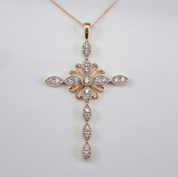 Large Diamond Cross Pendant - Solid Yellow Gold Religious Necklace - Genuine Natural Victorian Style Cross Charm and Chain