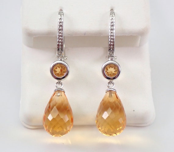 Citrine Briolette Dangle Earrings - 14K White Gold Secure European Clasp - November Gemstone Birthday Gift for Her