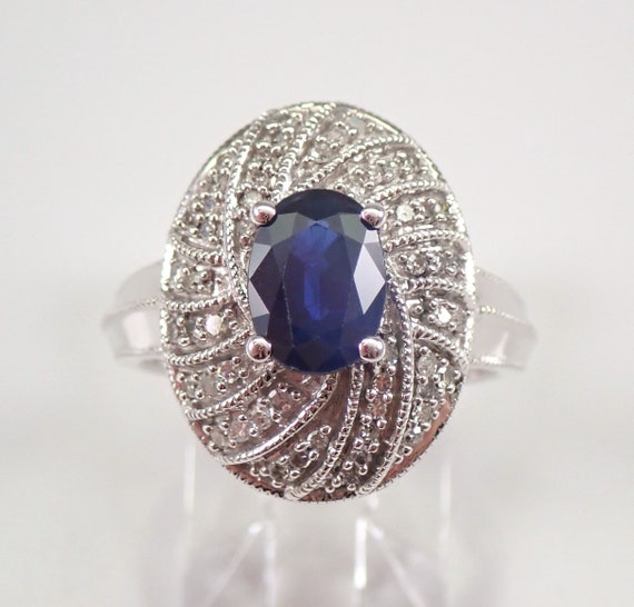 Oval Sapphire Ring - White Gold Vintage Style Engagement Ring - Genuine Diamond Setting - Domed Middle Finger Ring