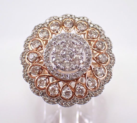 Rose Gold Diamond Cluster Ring - Large Halo Swirl Flower Band - Unique GalaxyGems Fine Jewelry Gift