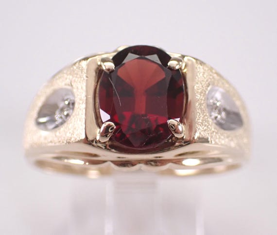 Vintage Mens Diamond and Garnet Engagement Ring - Yellow Gold Bridal Wedding Anniversary Band