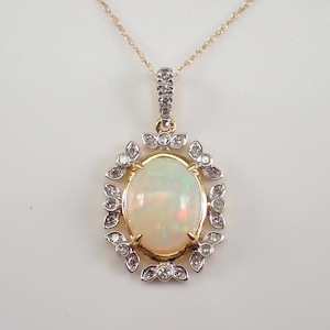 Opal and Diamond Halo Pendant Necklace - Solid Yellow Gold Choker with 18 inch Chain - October Birthstone Jewelry Gift for Women