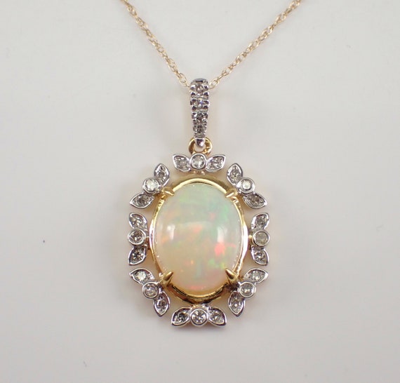 Opal and Diamond Halo Pendant Necklace - Solid Yellow Gold Choker with 18 inch Chain - October Birthstone Jewelry Gift for Women