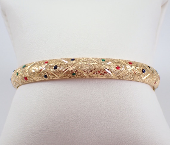 Vintage 14K Yellow Gold Enamel Bangle Bracelet - Unique Estate Stackable Cuff - GalaxyGems Fine Jewelry Gift