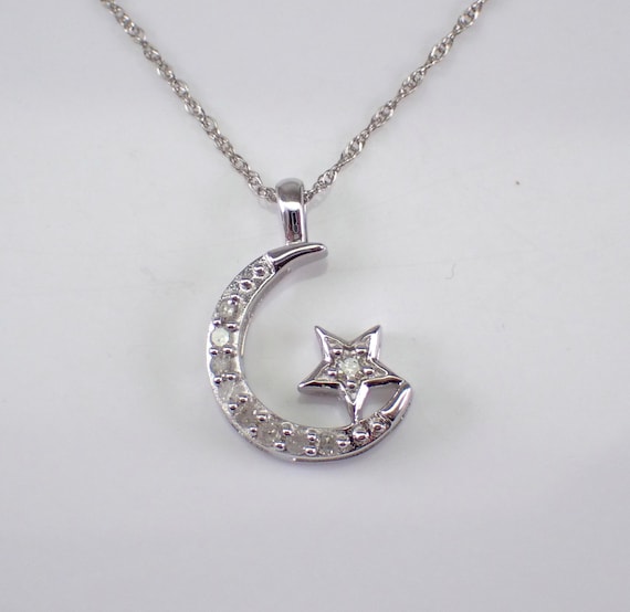 Diamond Star and Moon Charm Pendant - White Gold Celestial Necklace and Chain