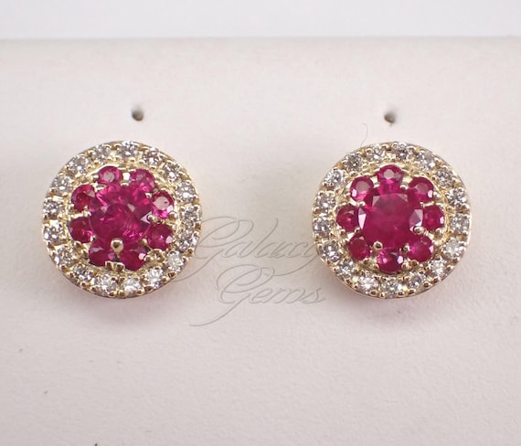 Ruby and Diamond Dangle Earrings, Yellow Gold Cluster Drop Earrings, July Birthstone Fine Jewelry Gift