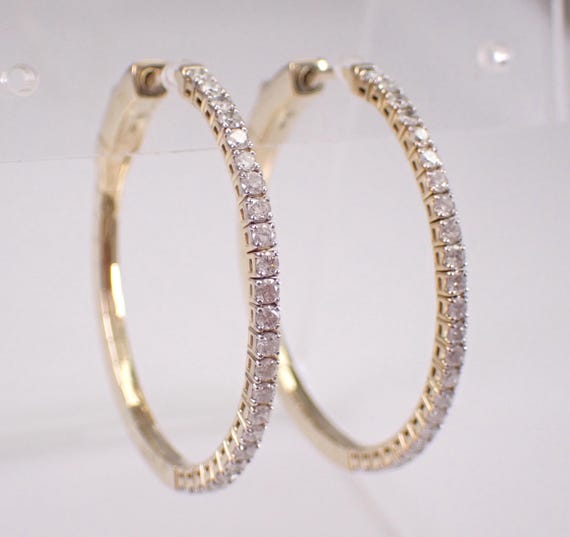 Yellow Gold Diamond Hoop Earrings - Flexible Secure Clasp Hoops - Bridal Wedding Fine Jewelry Gift