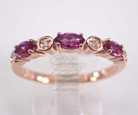 Rhodolite Garnet and Diamond Wedding Anniversary Ring - Rose Gold Dainty Stackable Setting