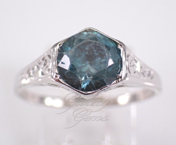Antique 14K White Gold Blue Zircon Engagement Ring: Vintage Engraved Solitaire Band
