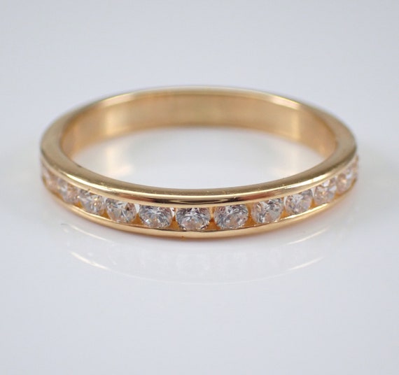 Vintage 14K Yellow Gold Cubic Zirconia Wedding Ring - Simple Channel Set Stacking Anniversary Band