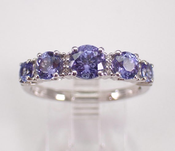 14K White Gold Tanzanite Wedding Ring - Diamond Anniversary Band - Unique Stackable Fine Jewelry Gift