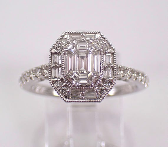 14K White Gold Diamond Engagement Ring, Rectangular Halo Cluster Band, Unique Bridal Promise Fine Jewelry Gift