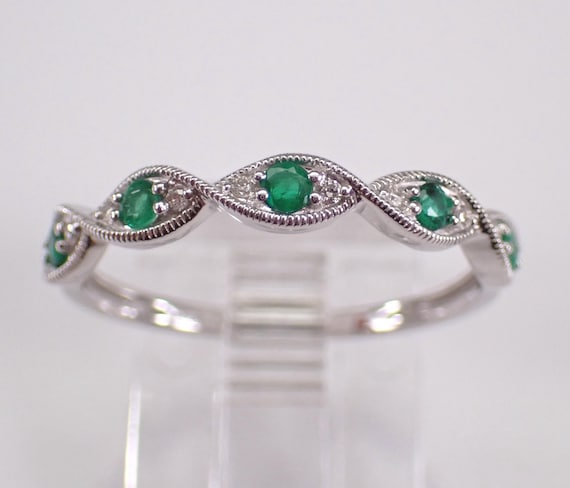White Gold Emerald and Diamond Wedding Ring: Stackable Dainty Gemstone Anniversary Band