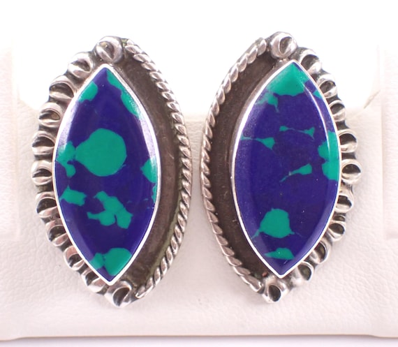 Vintage Sterling Silver Azurite Stud Earrings, Chunky Braided Estate Halo Drops