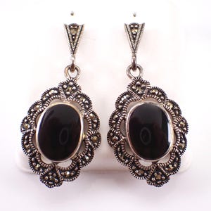 Vintage Sterling Silver Dangle Earrings, 80s Marcasite and Onyx Halo Drops, Unique Estate Fine Jewelry Gift