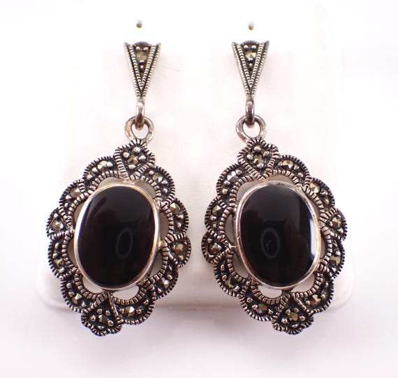 Vintage Sterling Silver Dangle Earrings, 80s Marcasite and Onyx Halo Drops, Unique Estate Fine Jewelry Gift