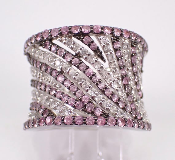 Vintage Sterling Silver White and Pink Sapphire Ring - Estate Unique Wide Cigar Band - Carol Brodie Designer Jewelry